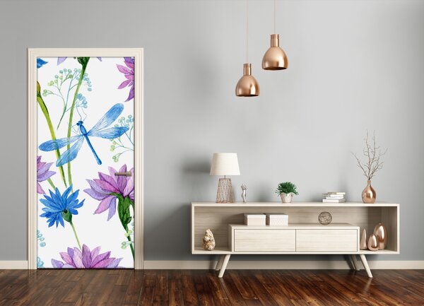 Samolepiace fototapety na dvere kvetiny i ważka 85x205 cm
