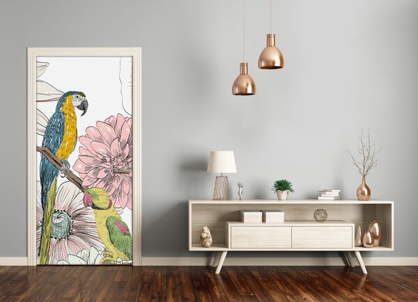 Samolepiace fototapety na dvere Papagáje a kvety 85x205 cm