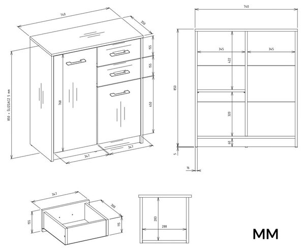 TP Living Komoda SIMPLO 2D2S 74 cm antracitová/dub artisan
