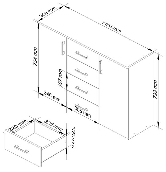 Ak furniture Komoda TORVI K 110 cm matná biela/matná grafitovo sivá