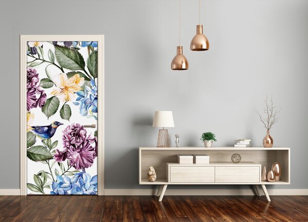 Samolepiace fototapety na dvere kvety a vtáky 75x205 cm