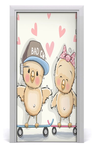 Samolepiace fototapety na dvere sliepky skateboard 95x205 cm