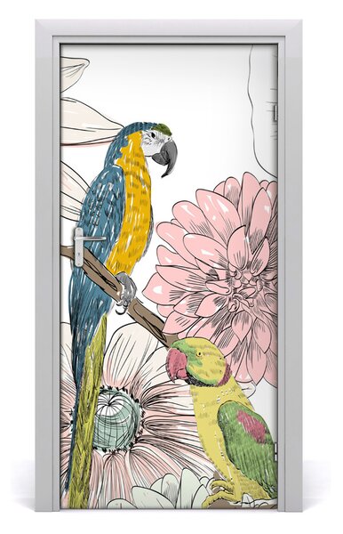 Samolepiace fototapety na dvere Papagáje a kvety 95x205 cm