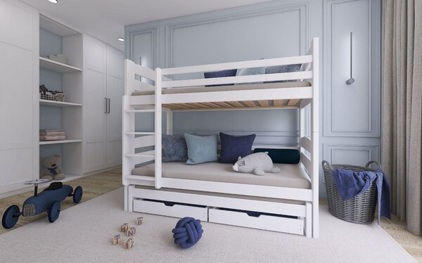 Detská poschodová posteľ z masívu CYRIL s prístelkou a šuplíky - 200x90 cm - BIELA