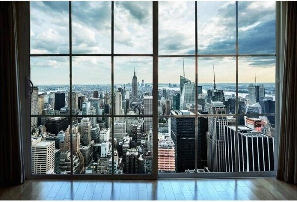 DIMEX | Vliesové fototapety na stenu Pohľad z okna na Manhattan MS-5-0009 | 375 x 250 cm | šedá, modrá, viacfarebná