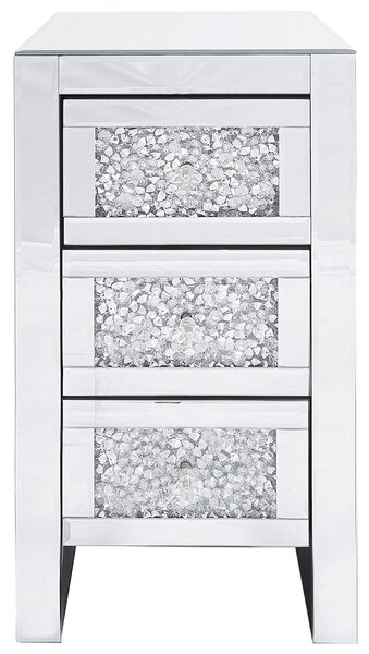 Nočný stolík strieborný so zrkadlovým efektom 3 zásuvky 60 x 30 x 30 cm moderný elegantný obývacia izba spálňa