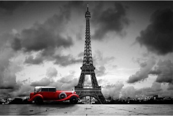 DIMEX | Vliesové fototapety na stenu Retro auto v Paríži MS-5-0027 | 375 x 250 cm | čiernobiela, červená