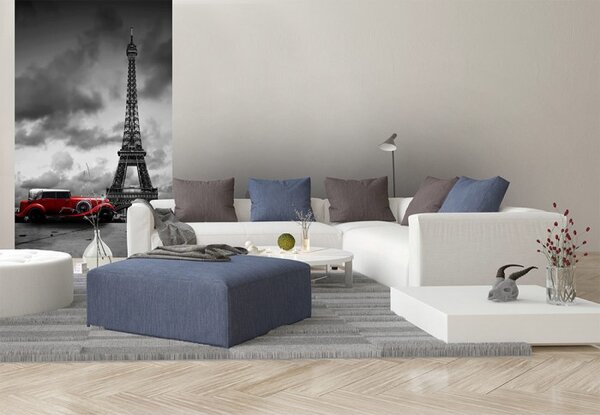 DIMEX | Vliesové fototapety na stenu Retro auto v Paríži MS-2-0027 | 150 x 250 cm | čiernobiela, červená