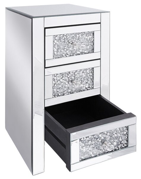 Nočný stolík strieborný so zrkadlovým efektom 3 zásuvky 60 x 30 x 30 cm moderný elegantný obývacia izba spálňa