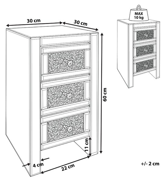 Nočný stolík strieborný so zrkadlovým efektom 3 zásuvky 60 x 30 x 30 cm moderný elegantný obývacia izba spálňa