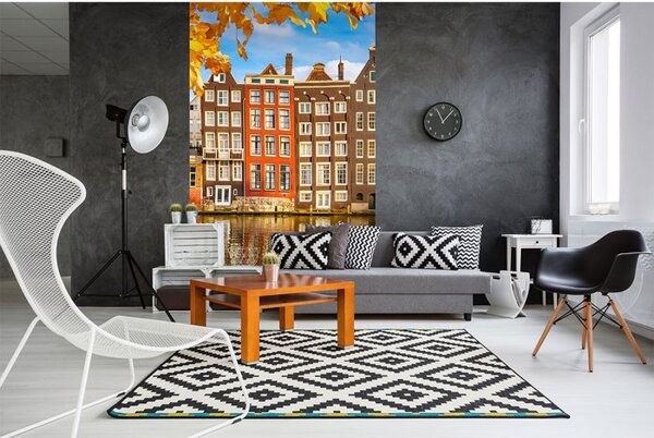 DIMEX | Vliesové fototapety na stenu Domy v Amsterdame MS-2-0024 | 150 x 250 cm | modrá, biela, oranžová, hnedá