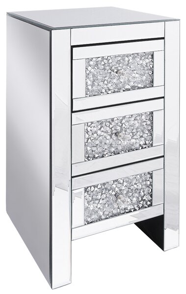 Nočný stolík strieborný so zrkadlovým efektom 3 zásuvky 60 x 30 x 30 cm moderný elegantný obývacia izba spálňa