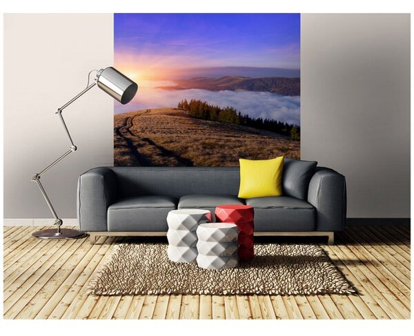 DIMEX | Vliesová fototapeta na stenu Svitanie na horách MS-3-0063 | 225 x 250 cm | modrá, hnedá, biela, žltá