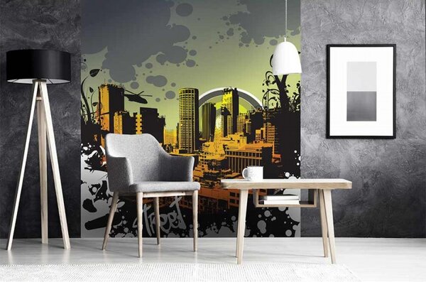 DIMEX | Vliesová fototapeta na stenu Nakreslené mesto MS-3-0325 | 225 x 250 cm | zelená, žltá, oranžová, čierna