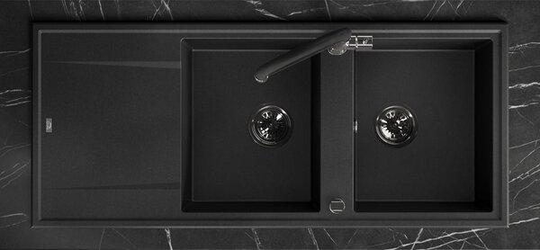 Laveo Megalo, 2-komorový granitový drez 1160x500x185 mm s dlhým odkvapávačom, čierna škvrnitá, LAV-SBE_721T
