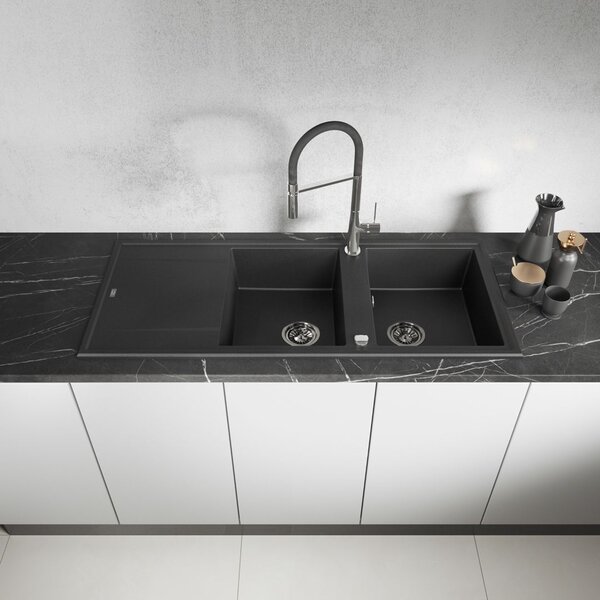 Laveo Megalo, 2-komorový granitový drez 1160x500x185 mm s dlhým odkvapávačom, čierna škvrnitá, LAV-SBE_721T