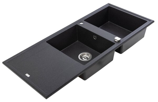 Laveo Megalo, 2-komorový granitový drez 1160x500x185 mm s dlhým odkvapávačom, čierna škvrnitá, LAV-SBE_721T