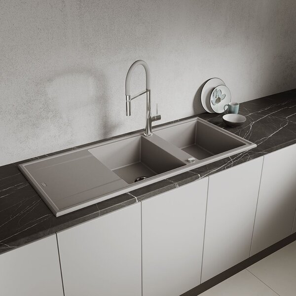 Laveo Megalo, 2-komorový granitový drez 1160x500x185 mm s dlhým odkvapávačom, šedá, LAV-SBE_521T