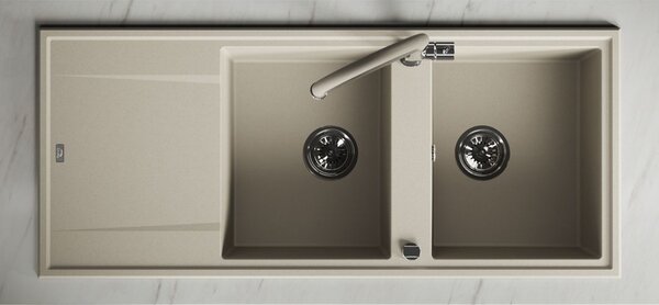Laveo Megalo, 2-komorový granitový drez 1160x500x185 mm s dlhým odkvapávačom, béžová, LAV-SBE_421T