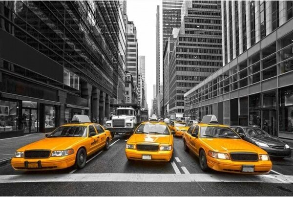 DIMEX | Vliesové fototapety na stenu Taxi v meste MS-5-0008 | 375 x 250 cm | čiernobiela, žltá