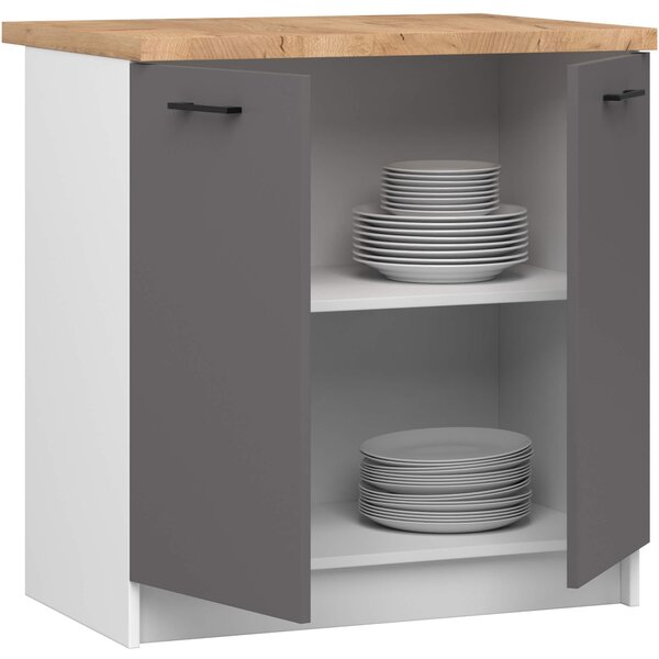 Ak furniture Kuchynská skrinka OLIVIE 80x85 cm matná biela/matná grafitovo šedá/dub prírodný