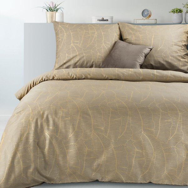 Luxusné béžové bavlnené posteľné obliečky so zlatým motívom listov Béžová