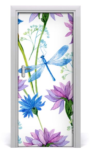 Samolepiace fototapety na dvere kvetiny i ważka 85x205 cm