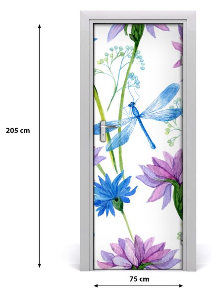 Samolepiace fototapety na dvere kvetiny i ważka 75x205 cm