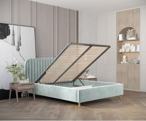 Čalúnená dvojlôžková posteľ v mentolovej farbe s úložným priestorom s roštom 160x200 cm Noto – Maison de Rêve