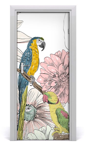 Samolepiace fototapety na dvere Papagáje a kvety 85x205 cm