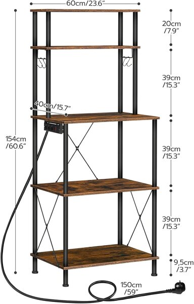 Kuchynský regál Vasagle Filo 60 cm so vstavanými zásuvkami čierny/hnedý