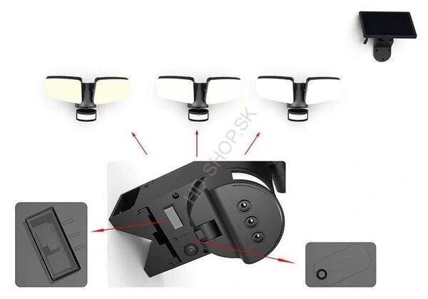 LED čierne vonkajšie solárne svietidlo so senzorom 12W /1200lm / 3000K - 4100K - 6500K (LS023)