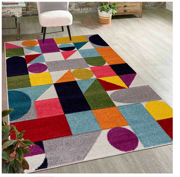 TA Viacfarebný geometrický abstraktný Koberec A093A CREAM/NAVY ATLANTA FMM Rozmer: 80x150 cm
