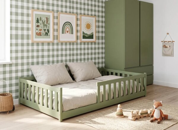 MAXMAX Detská Montessori posteľ z masívu borovice BETTY - 200x120 cm - OLIVOVO ZELENÁ