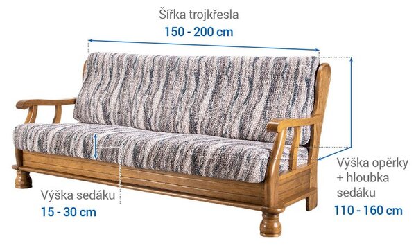 Bielastické poťahy OCEANO NOVÉ šedo-modré trojkreslo s drevenými rúčkami (š. 150 - 200 cm)