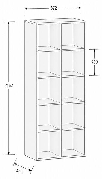 Regál FRAME, vysoký, 2 stĺpce, 2162 x 872 x 450 mm, biela