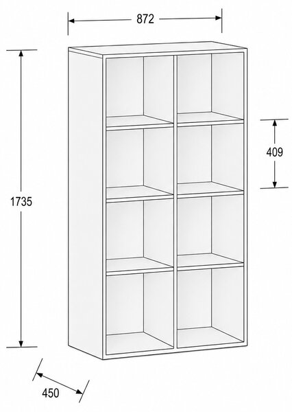 Regál FRAME, nižši, 2 stĺpce, 1735 x 872 x 450 mm, biela