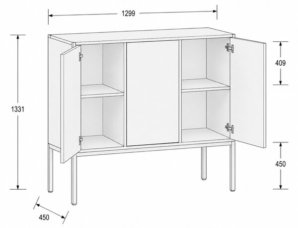 Kancelárska skriňa FRAME, nízka, biela podnož, 3x dvere, 1299 x 450 x 1331 mm, PUSH-lock, biela
