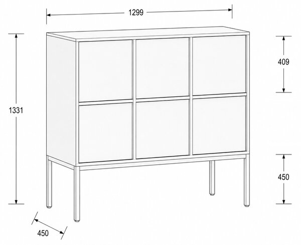 Kancelárska skriňa FRAME, nízka, biela podnož, 6x dvere, 1299 x 450 x 1331 mm, PUSH-lock, biela