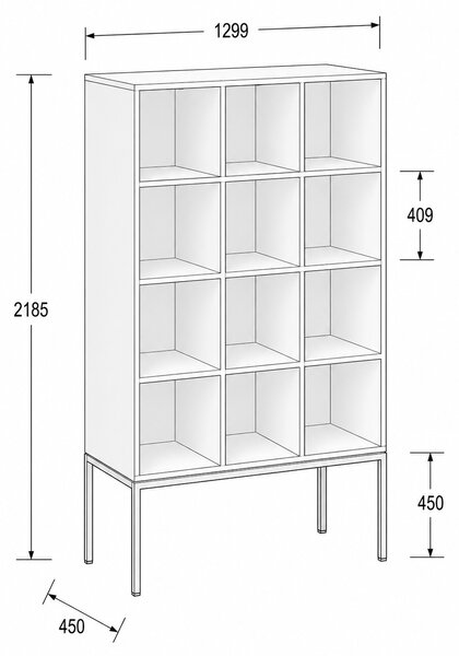 Regál FRAME, s bielou podnožou, 1299 x 450 x 2185 mm, sivá