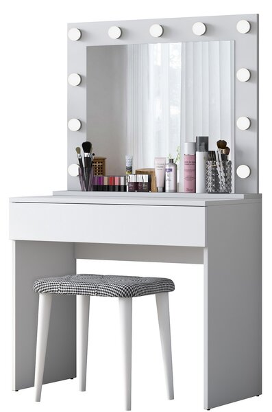 Kalune Design Minimalistický toaletný stolík Alisson III s LED zrkadlom a taburetom biely