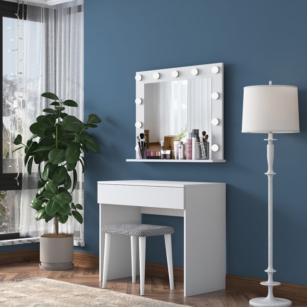 Kalune Design Minimalistický toaletný stolík Alisson III s LED zrkadlom a taburetom biely