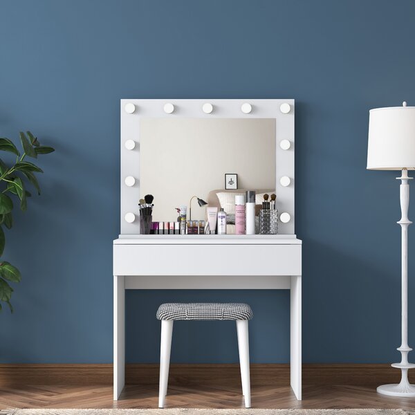 Kalune Design Minimalistický toaletný stolík Alisson III s LED zrkadlom a taburetom biely