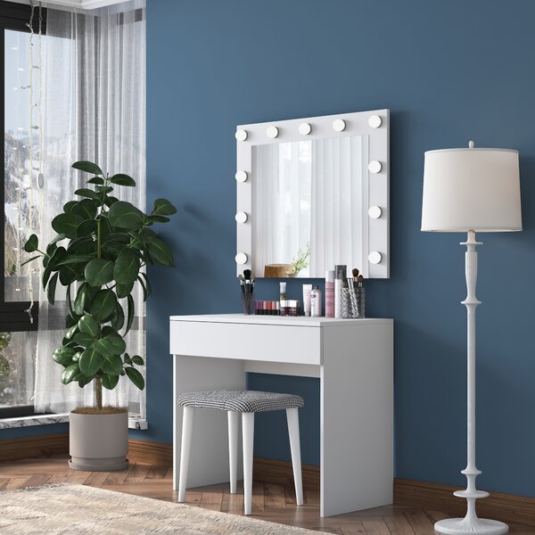 Kalune Design Minimalistický toaletný stolík Alisson III s LED zrkadlom a taburetom biely