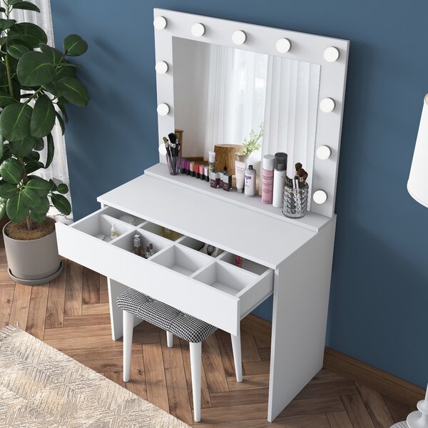 Kalune Design Minimalistický toaletný stolík Alisson III s LED zrkadlom a taburetom biely