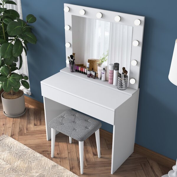 Kalune Design Minimalistický toaletný stolík Alisson III s LED zrkadlom a taburetom biely