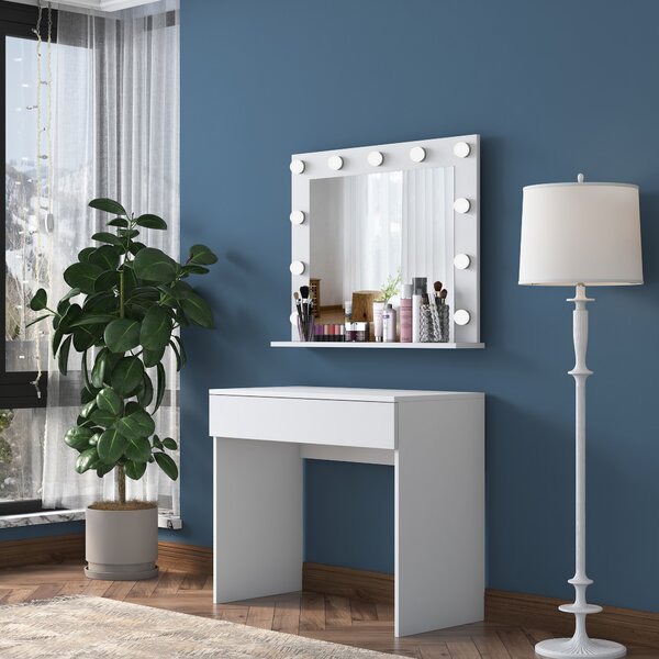 Kalune Design Minimalistický toaletný stolík Alisson II s LED zrkadlom biely
