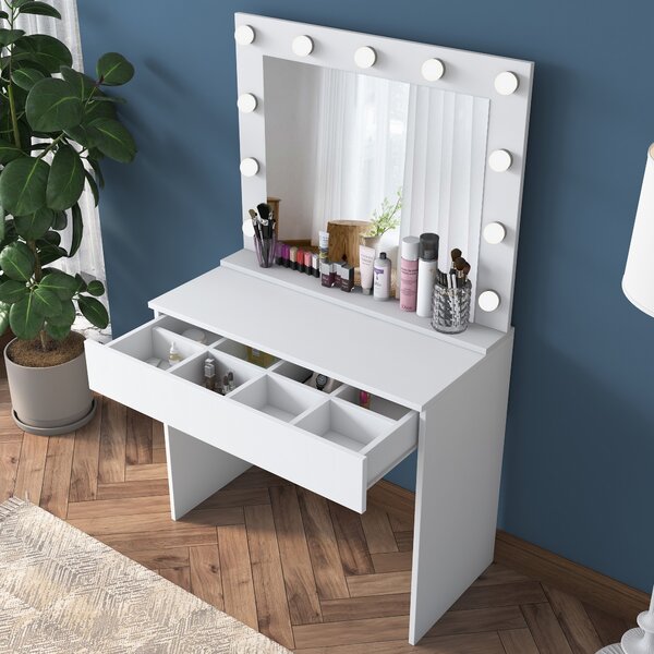Kalune Design Minimalistický toaletný stolík Alisson II s LED zrkadlom biely