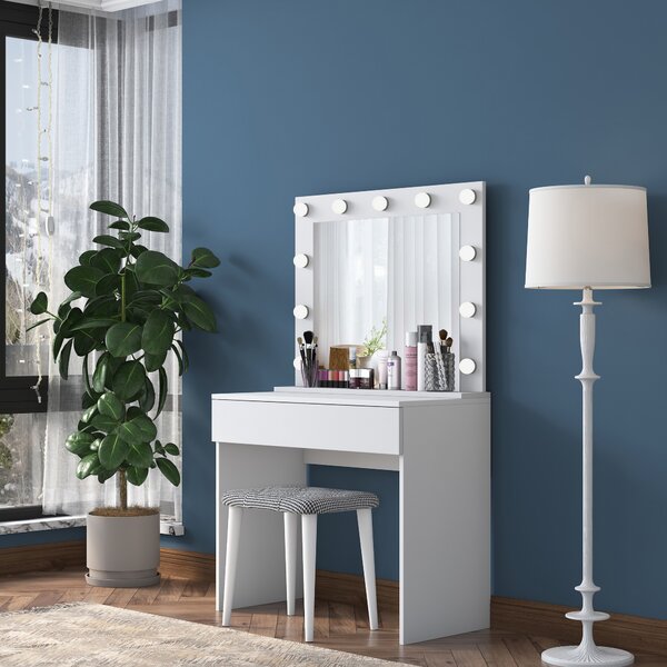 Kalune Design Minimalistický toaletný stolík Alisson III s LED zrkadlom a taburetom biely