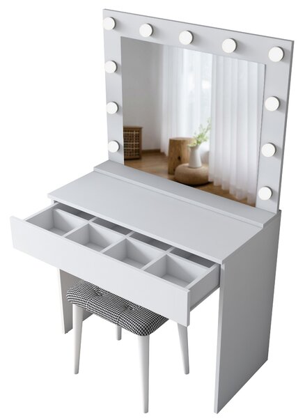 Kalune Design Minimalistický toaletný stolík Alisson III s LED zrkadlom a taburetom biely